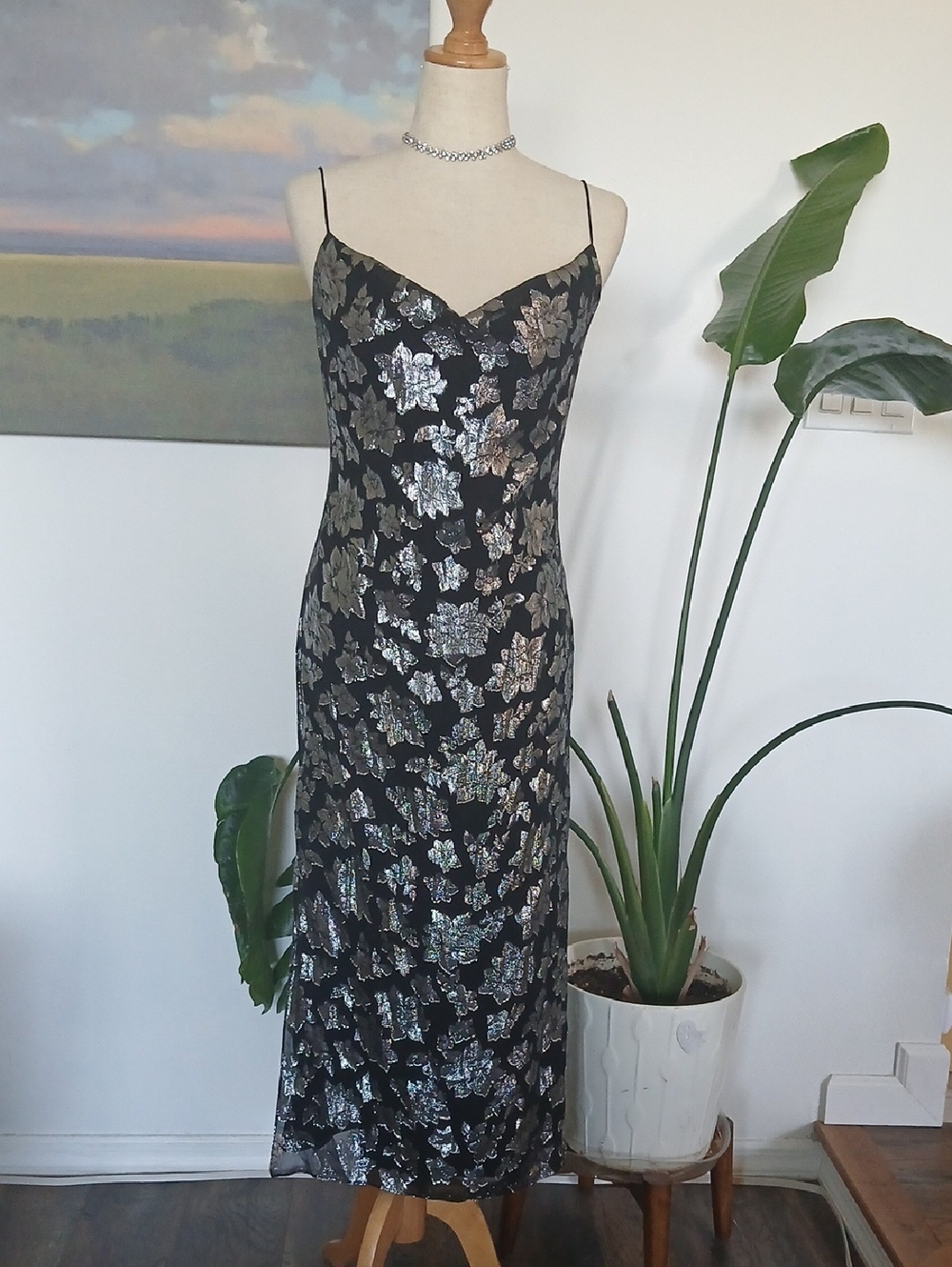 Club Monaco Black and Silver Floral Slip Midi Dress Sz0